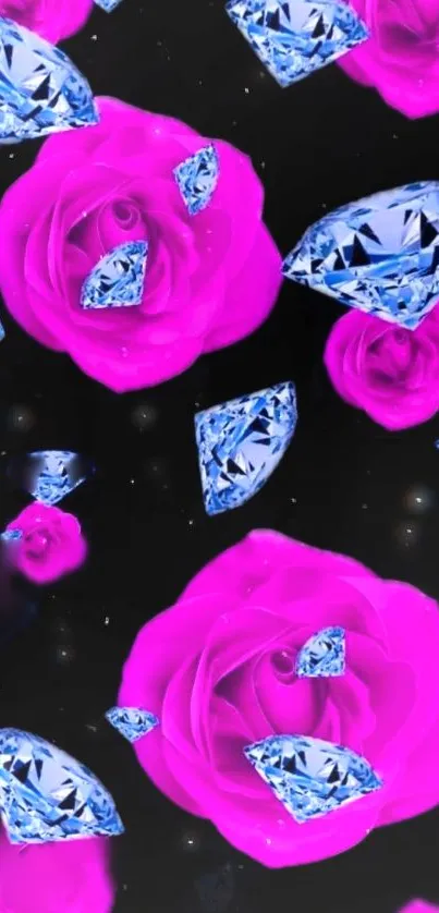 Vibrant pink roses with diamonds on black background.