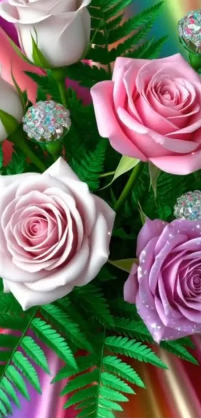 Colorful gradient background with roses and ferns.