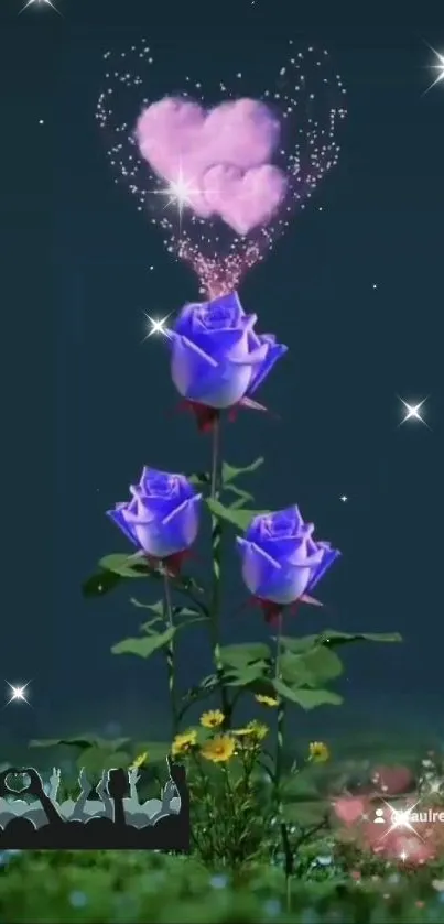 Purple roses below a pink heart design on a blue background.