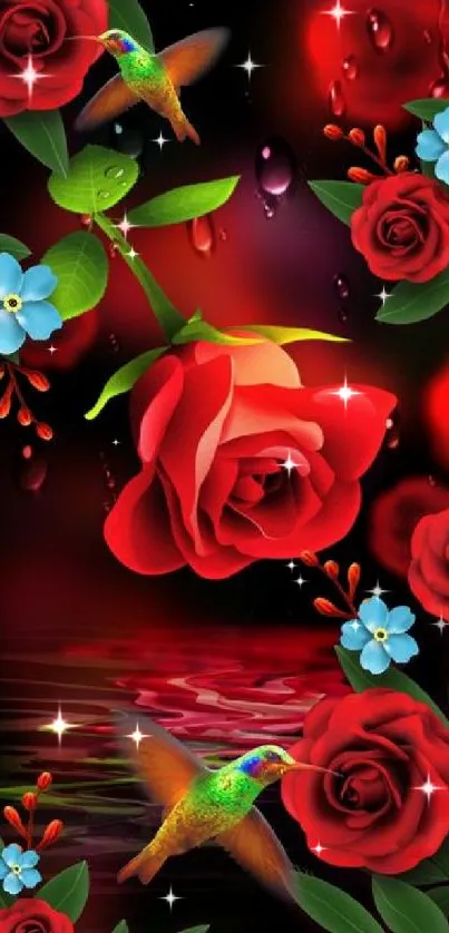 Vivid red roses with hummingbirds and blue flowers on dark background.