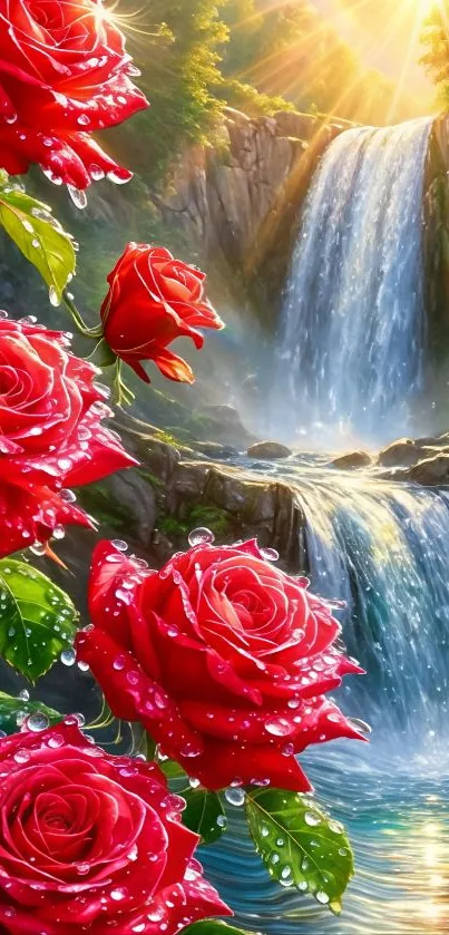 Red roses with waterfall and sunlight.