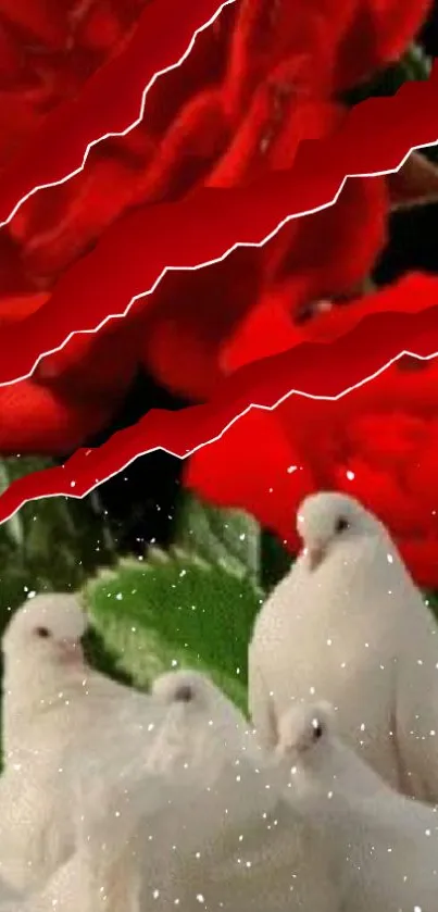 Vibrant red roses and white doves wallpaper.