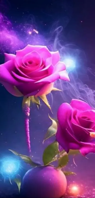 Purple roses and cosmic galaxy background for mobile wallpaper.