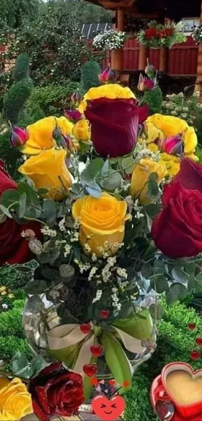 Vase of red and yellow roses in a lush garden.