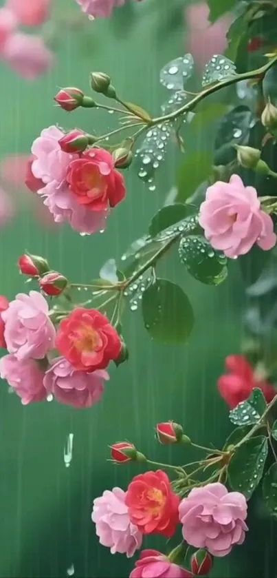 Pink roses with morning dew drops on green background.