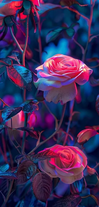 A vibrant wallpaper with neon-lit roses in purple and pink hues.