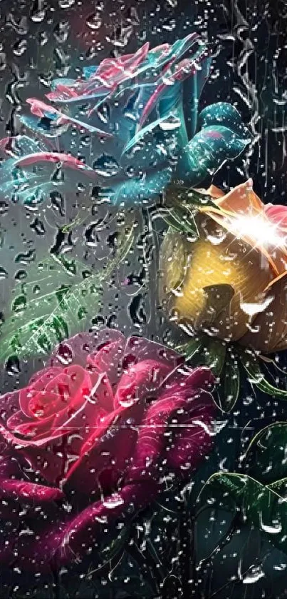 Vibrant roses in rain with colorful petals.