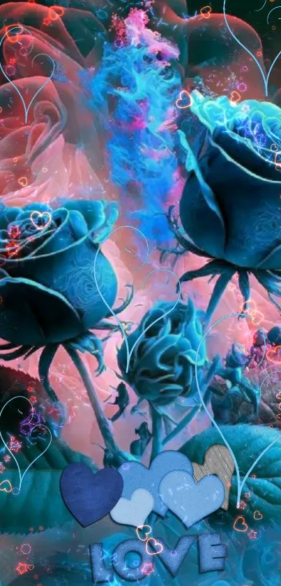 Blue roses with love theme and vibrant colors.