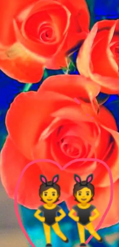 Vibrant red roses with fun emojis on a colorful background.