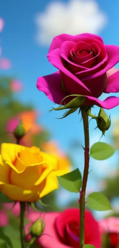 Vibrant roses under a blue sky, perfect for mobile wallpaper.