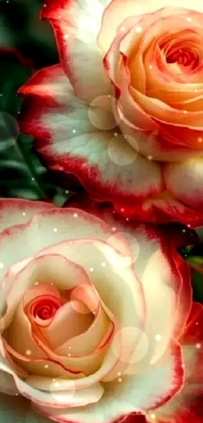 Two vibrant roses with sparkling light effects create a stunning wallpaper.