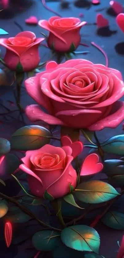 Beautiful mobile wallpaper featuring vibrant pink roses and green leaves.
