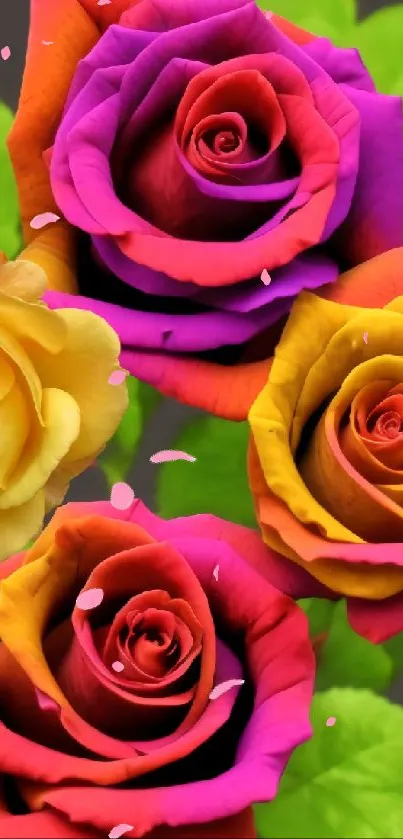 Vibrant roses with green leaves mobile wallpaper.