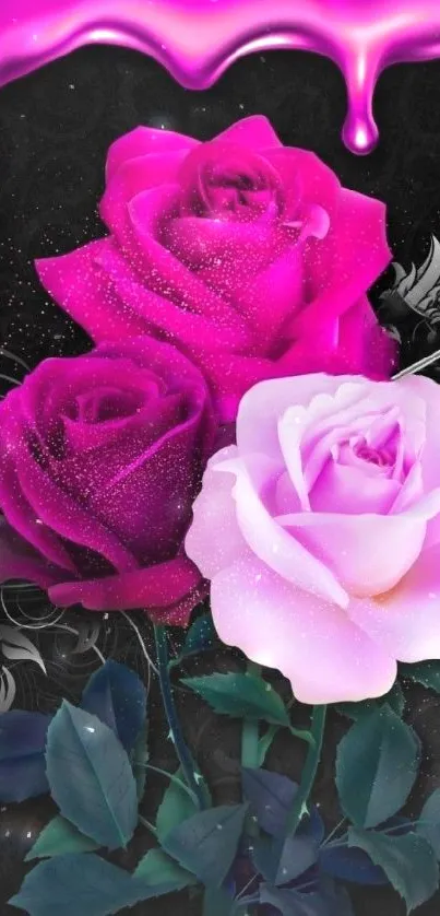 Vibrant magenta and pink roses on black background with dripping effect.