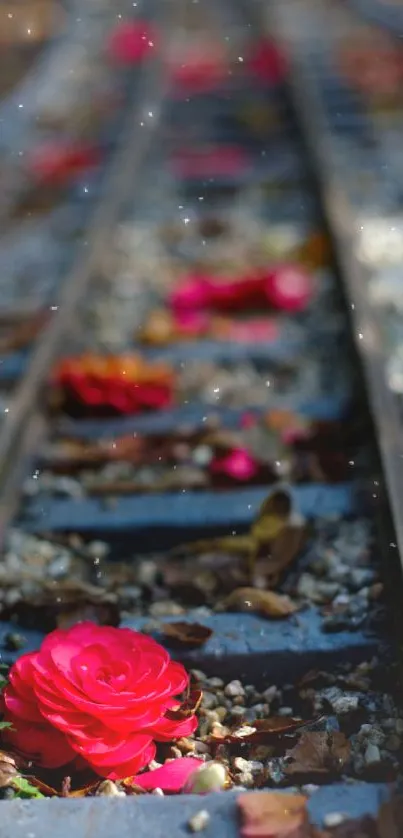 Vibrant red roses on rustic railway tracks.