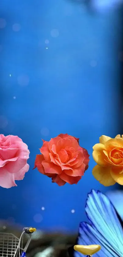 Vibrant mobile wallpaper with roses and a blue butterfly.