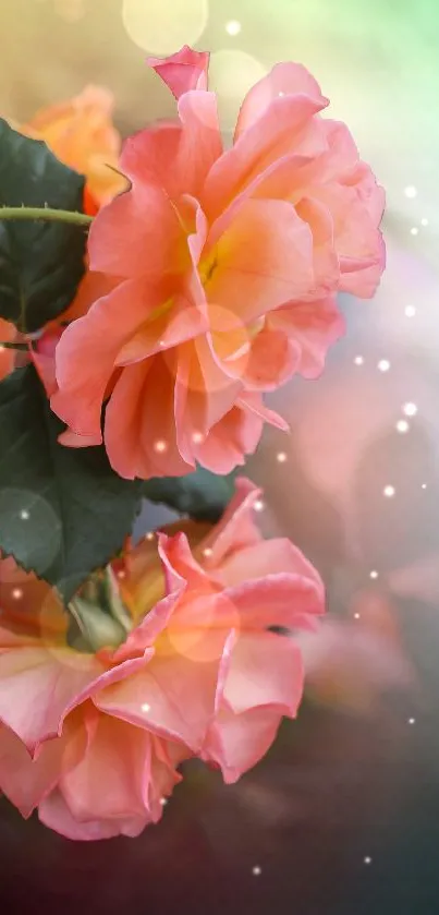 Pink and orange roses with green leaves in a floral wallpaper.