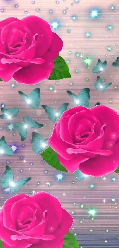 Mobile wallpaper of pink roses with blue butterflies on gradient background.