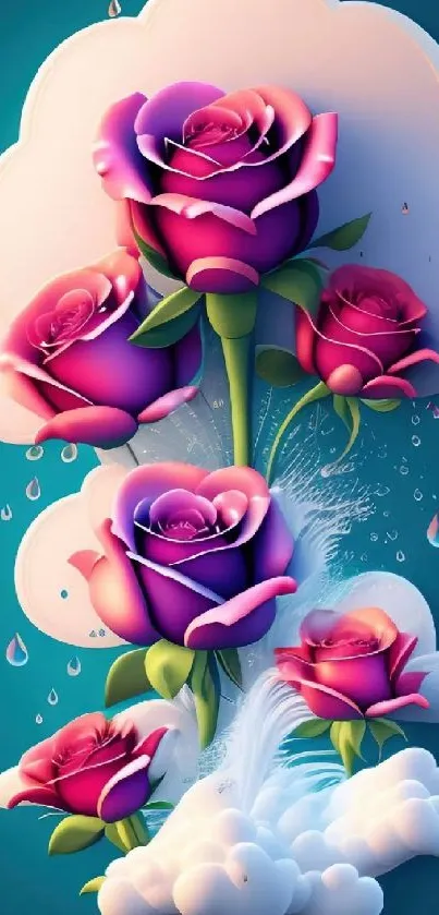 Wallpaper of vibrant purple roses with cloud and teal background.