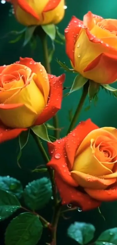 Vibrant orange roses with dew drops in a lush green setting.