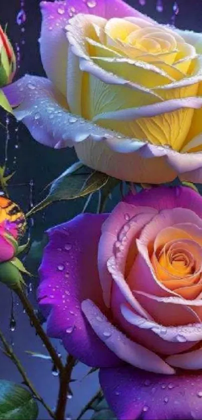 Vibrant roses covered in dew against a dark backdrop.