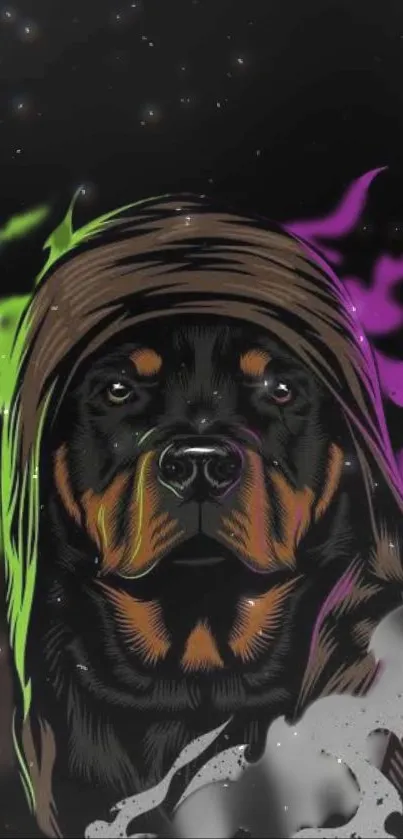Rottweiler artwork with neon flames on a dark background.