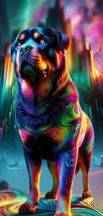 Colorful fantasy Rottweiler with vibrant digital background.