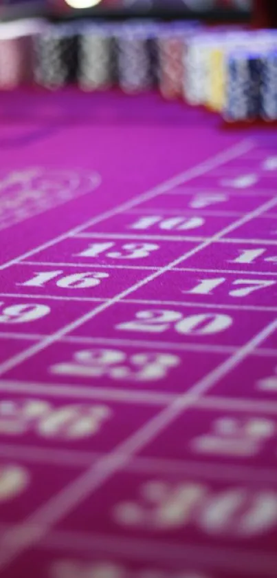 Purple roulette table with numbers and chips, vibrant casino theme.