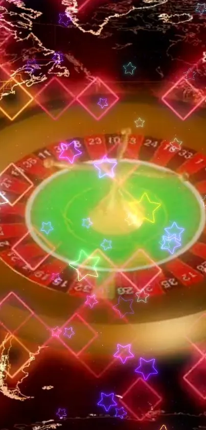 Vibrant roulette wheel with neon stars.