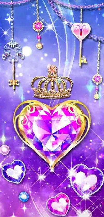 Vibrant heart with crown and keys on magical purple background.