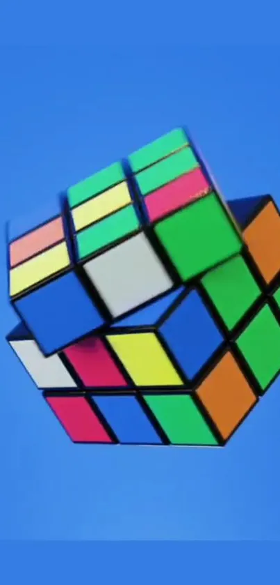 Colorful Rubik's Cube with a blue background.