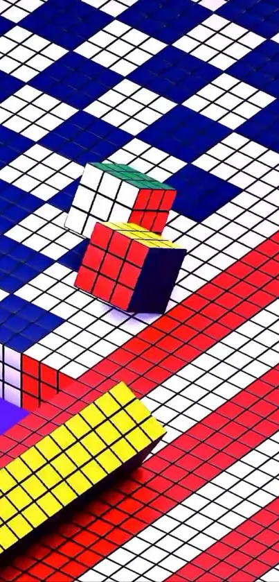 Vibrant geometric wallpaper with Rubik's Cubes.