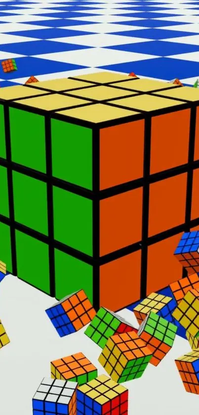 Colorful Rubik's Cube with dynamic geometric pattern background.