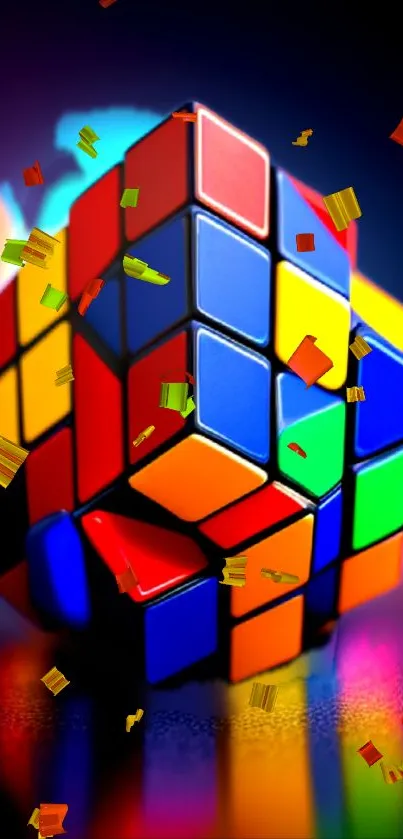 Colorful Rubik's Cube with vibrant colors exploding on a mobile wallpaper.