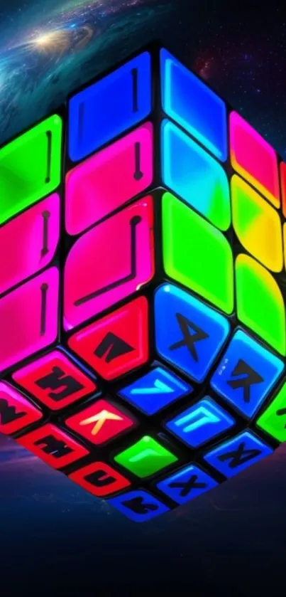 Vibrant Rubik's Cube against a galaxy backdrop on mobile wallpaper.