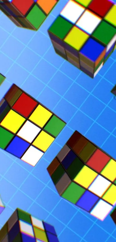 Colorful Rubik's Cubes on a blue grid background wallpaper.