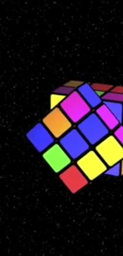 Vibrant Rubik's Cube with a starry black background.