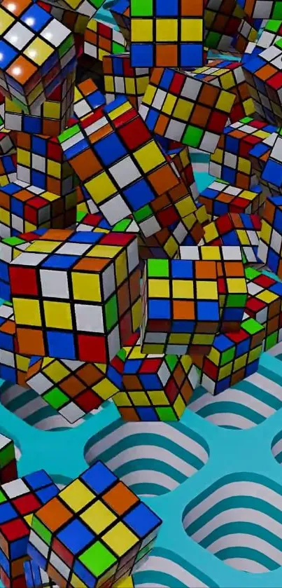 Colorful Rubik's cubes on blue background wallpaper