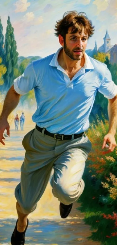 Man running energetically through a vibrant garden.