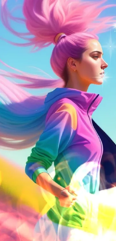 Running girl with vibrant rainbow colors and dynamic pose mobile wallpaper.