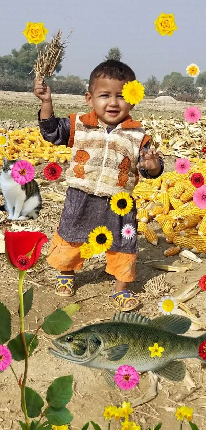 Child in a vibrant field with flowers and corn, enjoying nature's beauty.