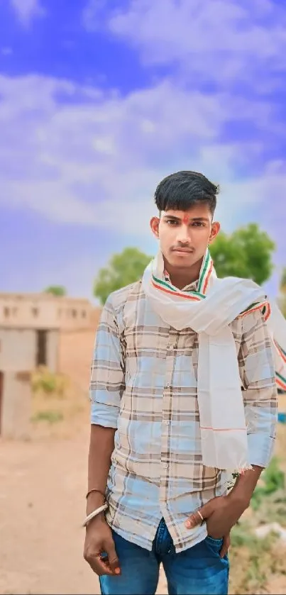 Young man in rural setting with blue sky background, wearing traditional attire.