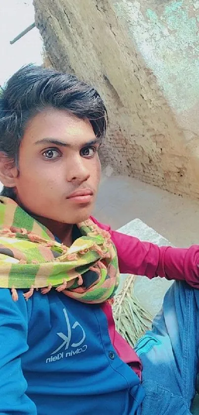 Vibrant portrait of a young man with a colorful scarf in a rural setting.