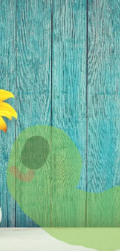 Yellow sunflower in vase with teal wood backdrop wallpaper.