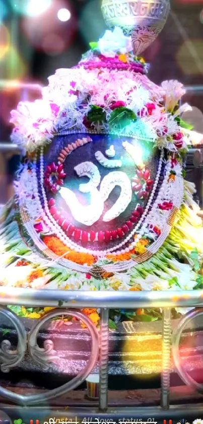 Sacred Om symbol with vibrant flower decoration.