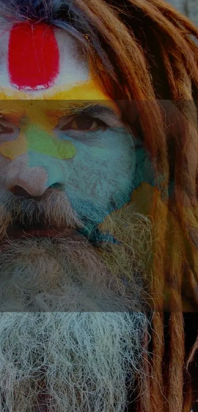 Colorful Sadhu face with vibrant red marking.