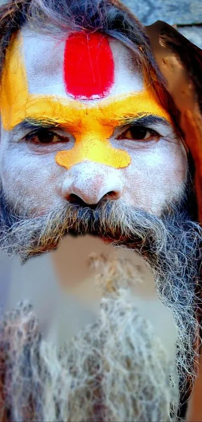 Sadhu with vibrant face paint and beard in a spiritual portrait.