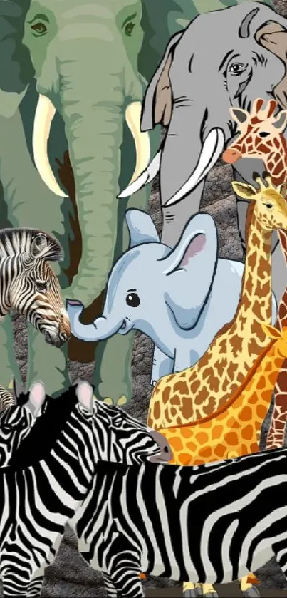 Illustrated safari animals, including elephants, giraffes, and zebras, in a colorful collage.