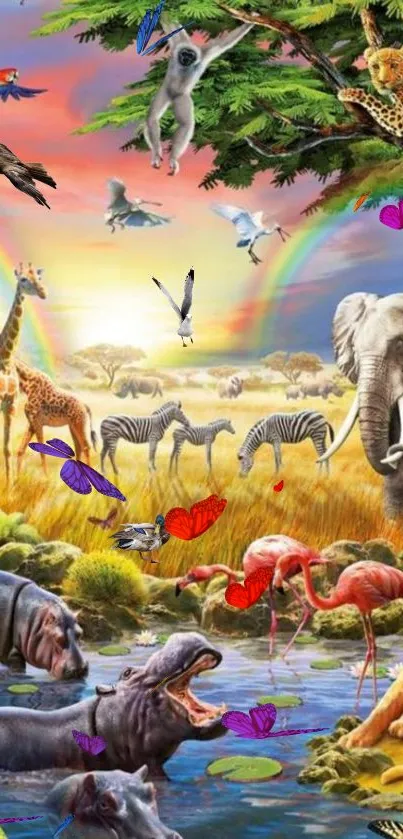 Vibrant African safari wallpaper with diverse wildlife and rainbow.