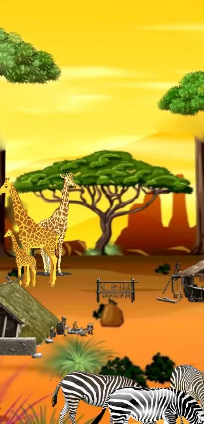 Vibrant safari scene with giraffes, zebras, and sunset.